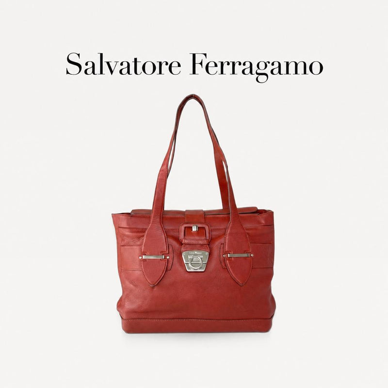 Salvatore Ferragamo Gancini BW-21 7880 Tote Embossed Leather Orange Terracotta