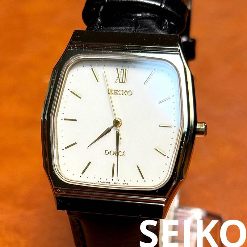 SEIKO DOLCE 8N51-5000 Quartz Watch Tungsten Gold Tone White Dial Leather 1992