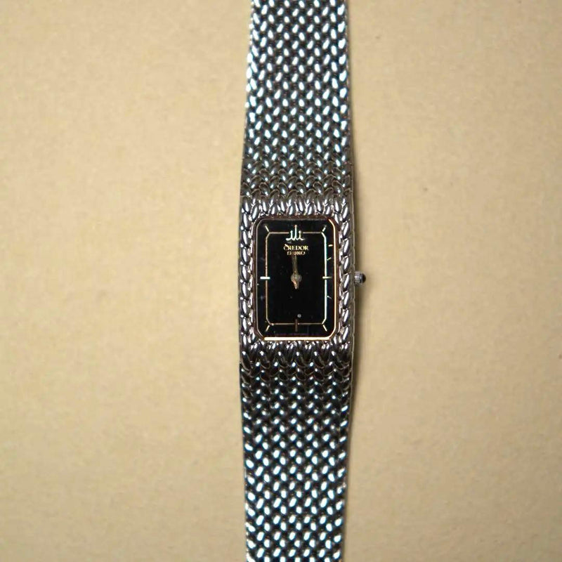 SEIKO CREDOR 2F70-5341 2 Hand Watch SS Gold Acc Tank Black Dial Mesh Bracelet