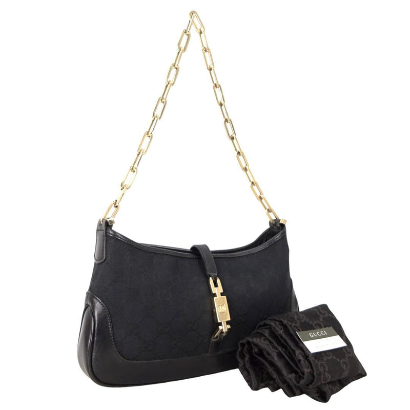 Gucci Jackie GG 285353 Black Canvas Leather Gold Chain Shoulder Bag 26-15-3.5cm