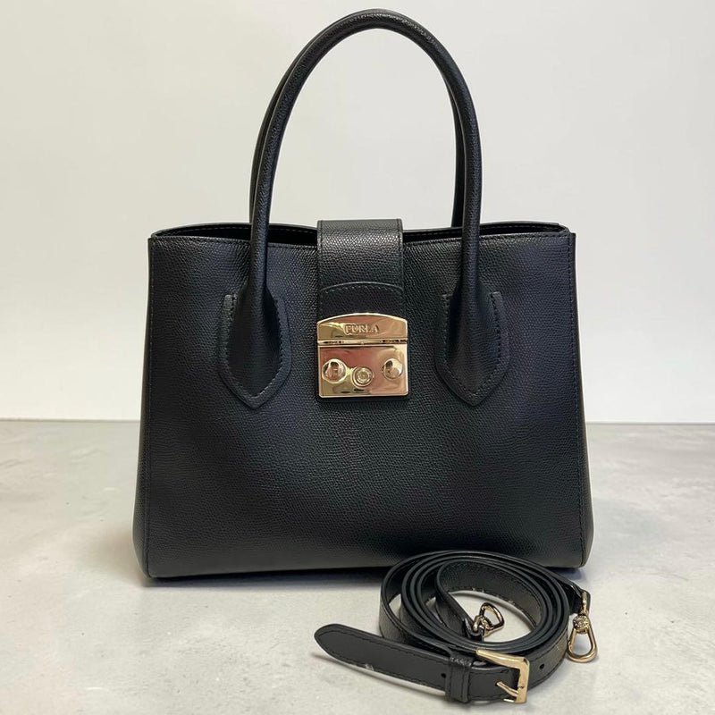 FURLA Metropolis G6867 Saffiano Leather Black 2Way Handbag 21x26x12cm Gold
