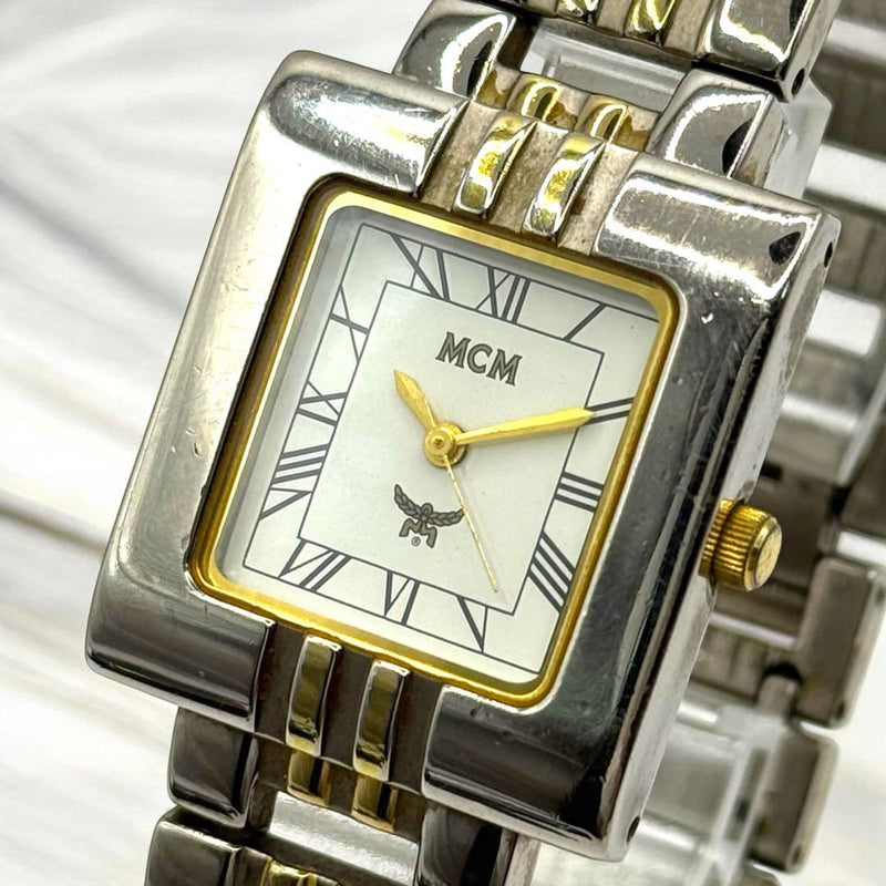 MCM Mens Quartz Square Gold Silver Two-Tone Case Bracelet Watch New Battery