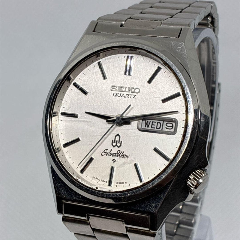 SEIKO Silver Wave 7546-8340 Quartz Watch 36.3mm SS Blue Dial Day-Date 1979