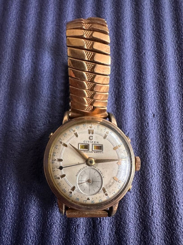 Citizen 1950s Triple Calendar Pointer Date 17J Manual Wind 14K GF 33mm Kanji