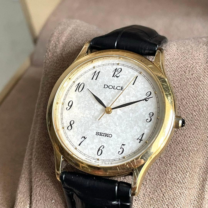 SEIKO Dolce Quartz Analog Gold Watch Snowflake Dial Black Leather Band