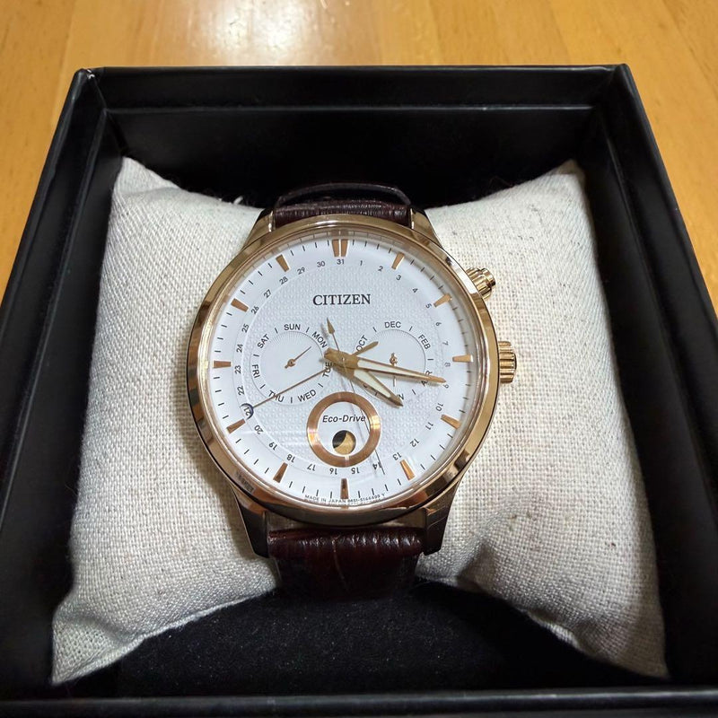 Eco-Drive Moon Phase Calendar White Dial Rose Gold Case Leather Watch