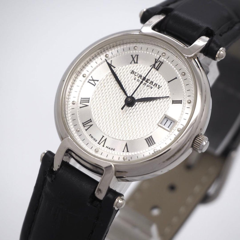 BURBERRY Mens Watch 11300G Quartz 32mm Silver Case White Silver Dial Black Band