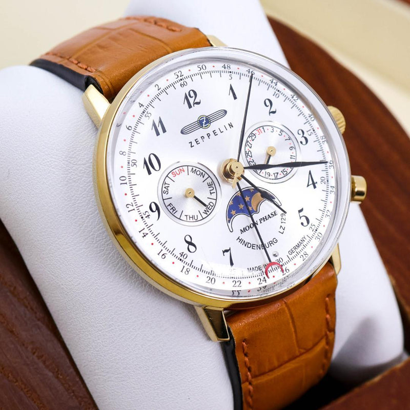 ZEPPELIN Hindenburg LZ129 7039-1 Mens Quartz Watch Gold 34mm White Dial