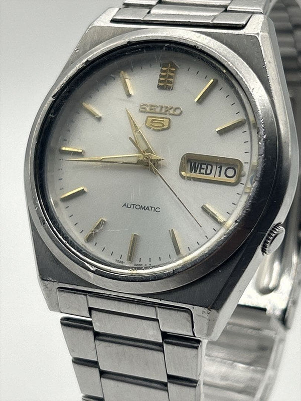 Seiko 5 7S26-0570 Automatic Mens Watch White Linen Day Date Skeleton Back