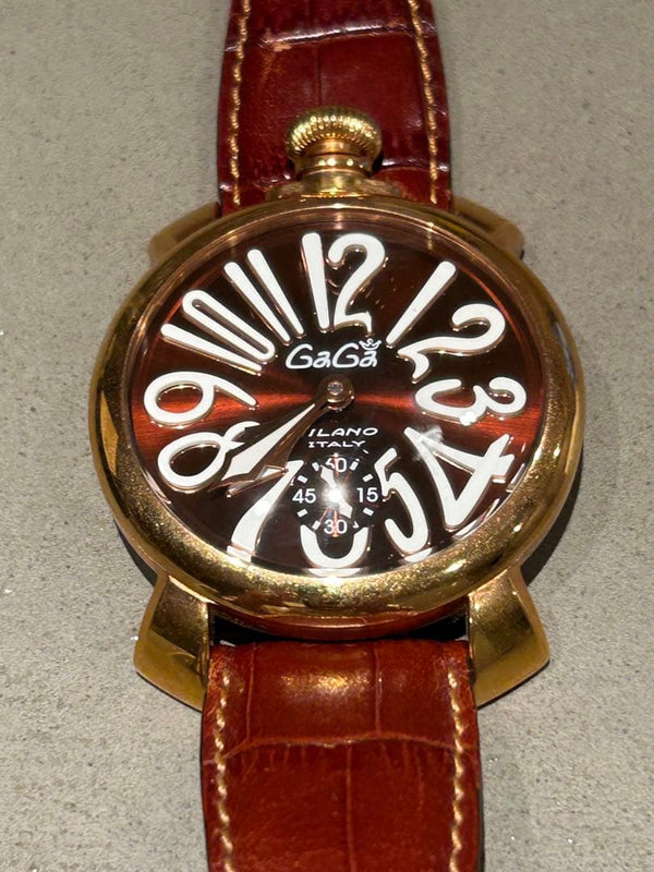 GaGa MILANO MANUALE 48 Manual Gold Tone 48mm Brown Leather Arabic Numeral Watch