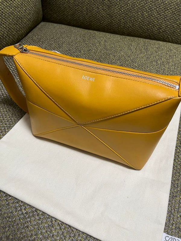 LOEWE Puzzle Clutch Bag Yellow Leather Zipper Geometric Panel Design With Dust