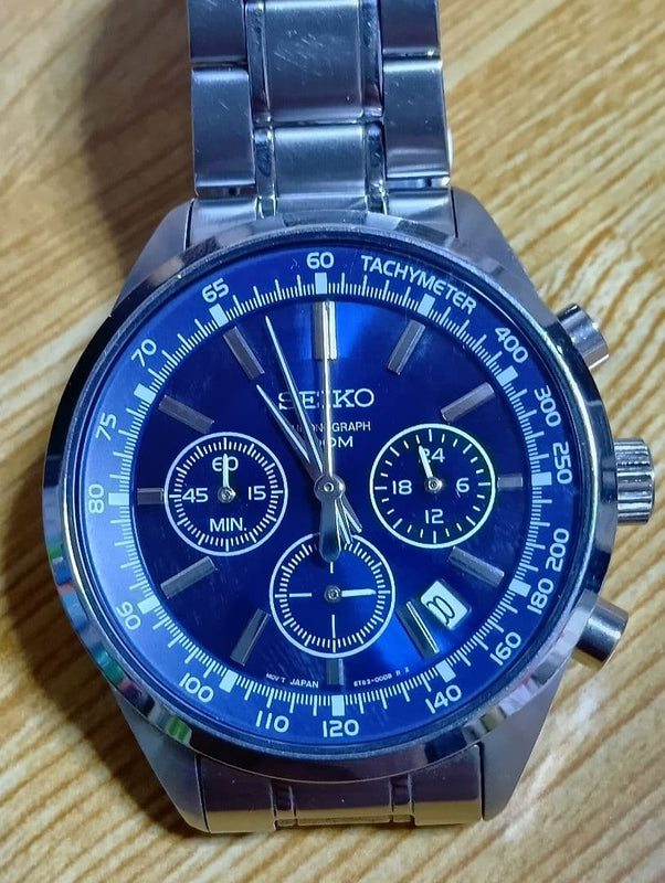 SEIKO 6T63-00D0 Quartz Stainless Steel Blue Dial Tachymeter 10ATM Date Chrono