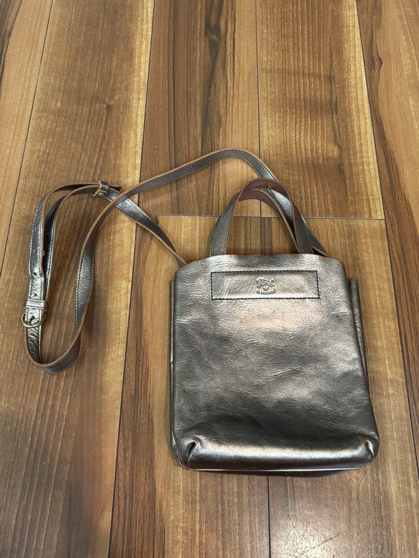 IL BISONTE Metallic Leather Shoulder Bag Snap Closure Compact Italy
