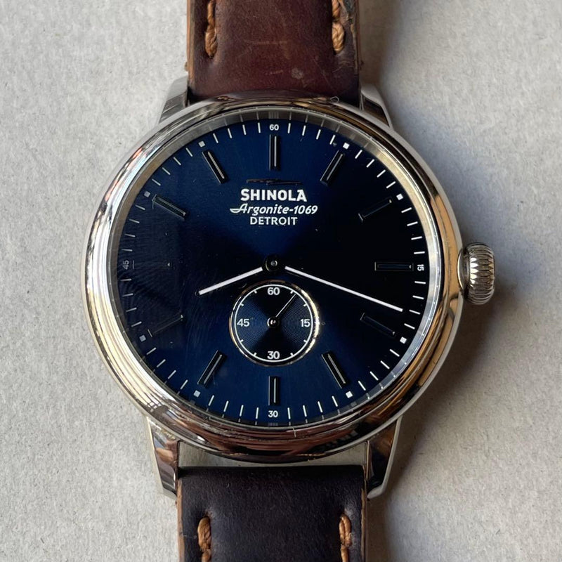 SHINOLA Bedrock Mens 42mm Quartz Blue Dial Brown Leather 5ATM Sapphire Watch