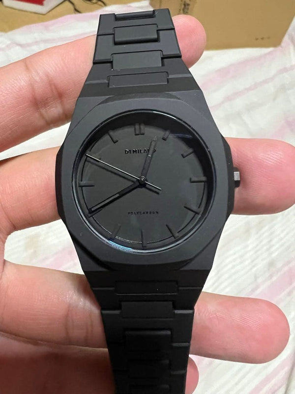 D1 Milano Black Analog Quartz Plastic Case Link Bracelet Slim Watch 40.5mm 5ATM