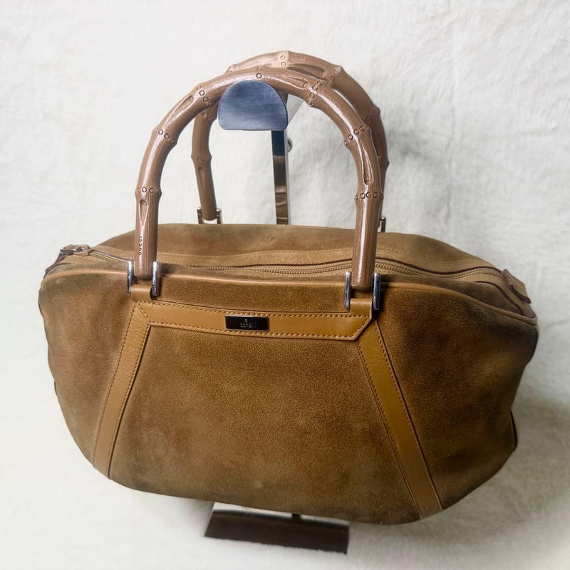 GUCCI 002.1084 Bamboo Handle Suede Mini Boston Bag Camel H16 W36 D13cm 90s