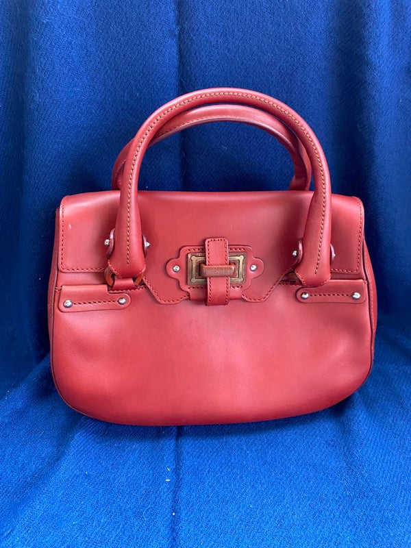 Salvatore Ferragamo Red Leather Metal Lock Hardware Handbag Made In Italy