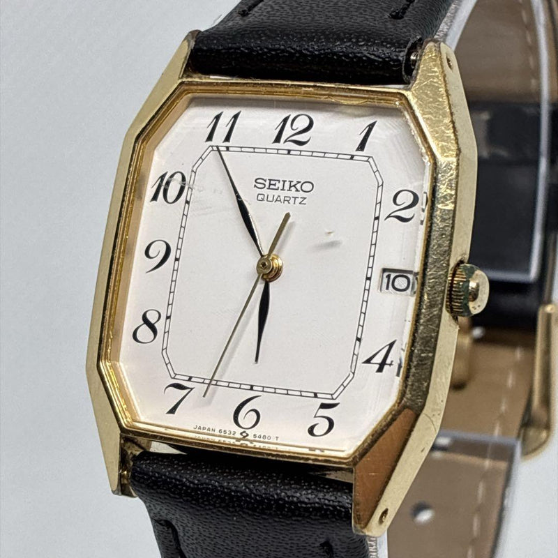 Seiko 6532-5310 Quartz Octagon 26.2mm Gold Stainless Steel White Dial Black