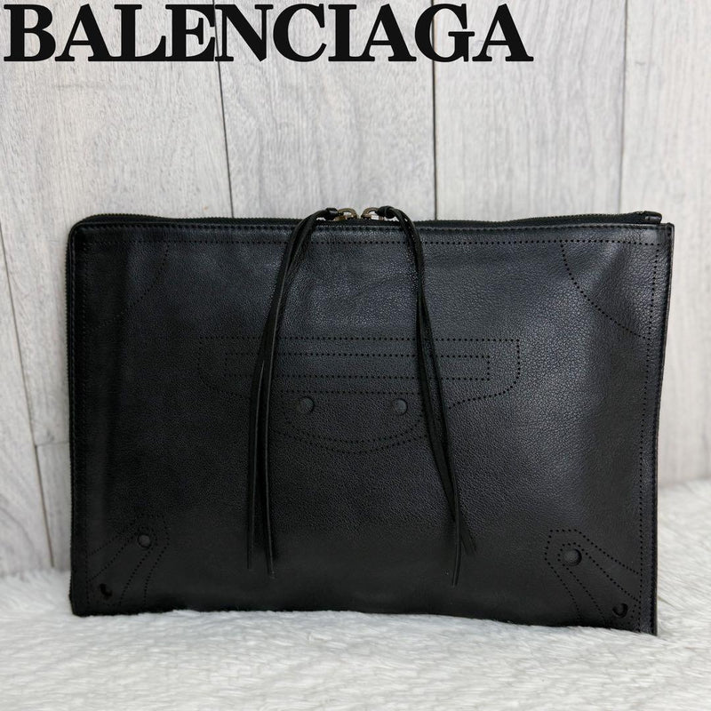 BALENCIAGA Classic City Perforated Leather Clutch Bag Black 22cm Height 33cm