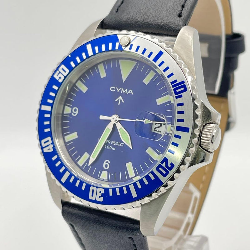 CYMA Swiss Diver Watch Quartz Blue Dial 100m Rotating Bezel Date Display