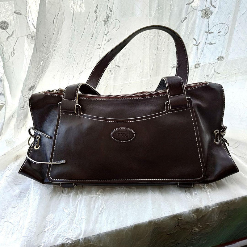 TODS Dark Brown Leather Shoulder Bag 16.1x5.9x5.9in Pockets Italy