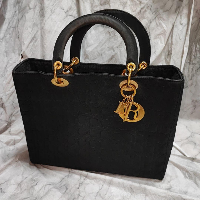 Christian Dior Lady Dior Cannage Quilted Satchel Medium Black Gold Hardware