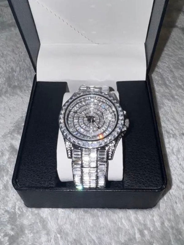Iced Out Watch Silver Quartz 42mm Case 20mm Band 22cm Length 150g With Box