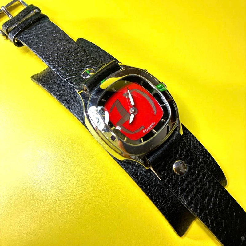 Fossil Big Tic Womens Quartz Watch 30mm Case Square Red Dial Leather Strap
