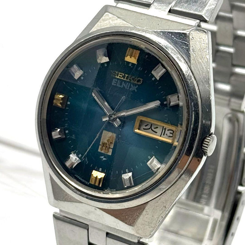 Seiko Elnix 0703-7010 JDM Transistorized Watch Green Dial Silver Case Day-Date