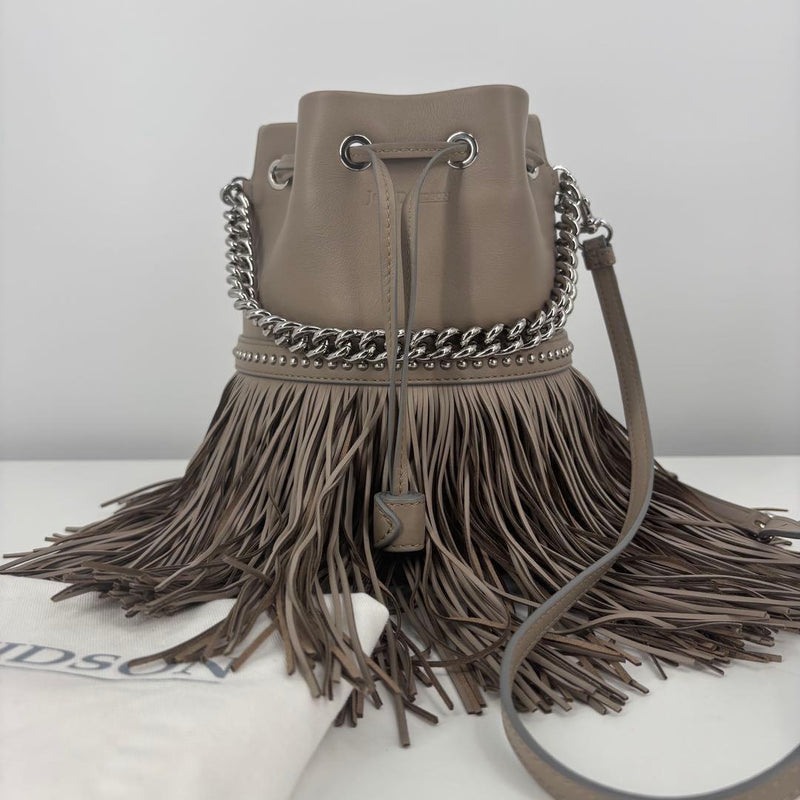 J&M DAVIDSON Fringe Carnival Leather Drawstring Shoulder Crossbody Bag Greige
