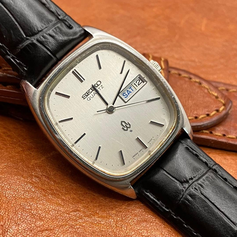 Seiko 4803-5000 Quartz Watch 34mm DayDate Silver Square Stainless Steel Leather