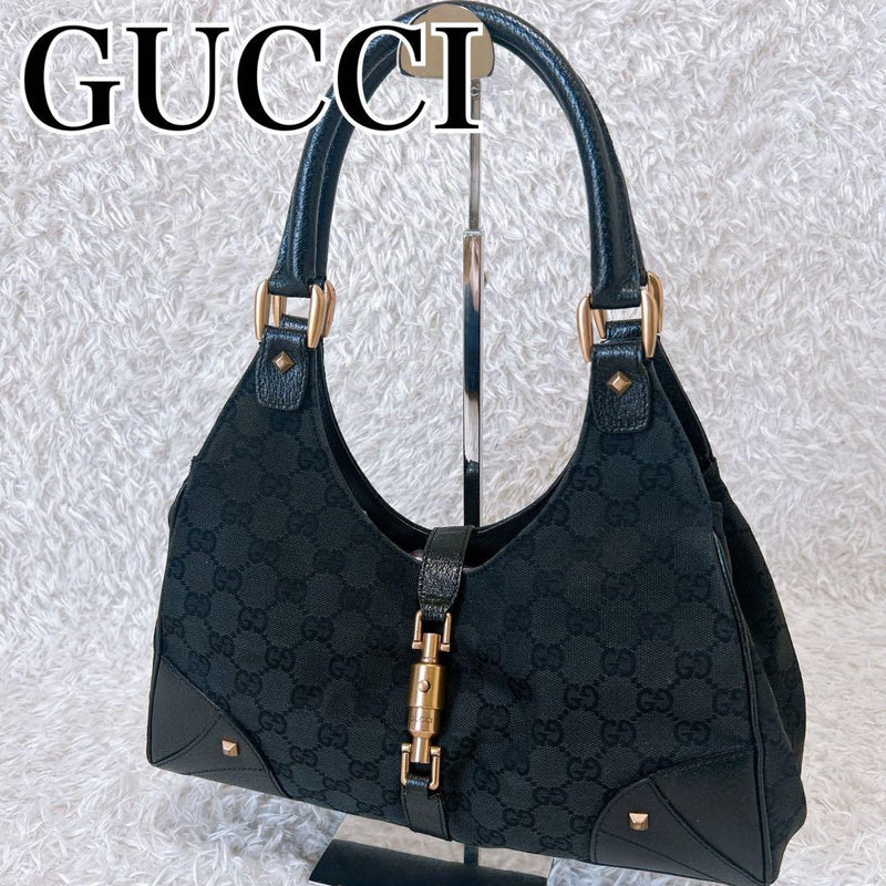 GUCCI New Jackie Tote Bag GG Canvas Leather Brown Beige Gold Hardware 31cm W