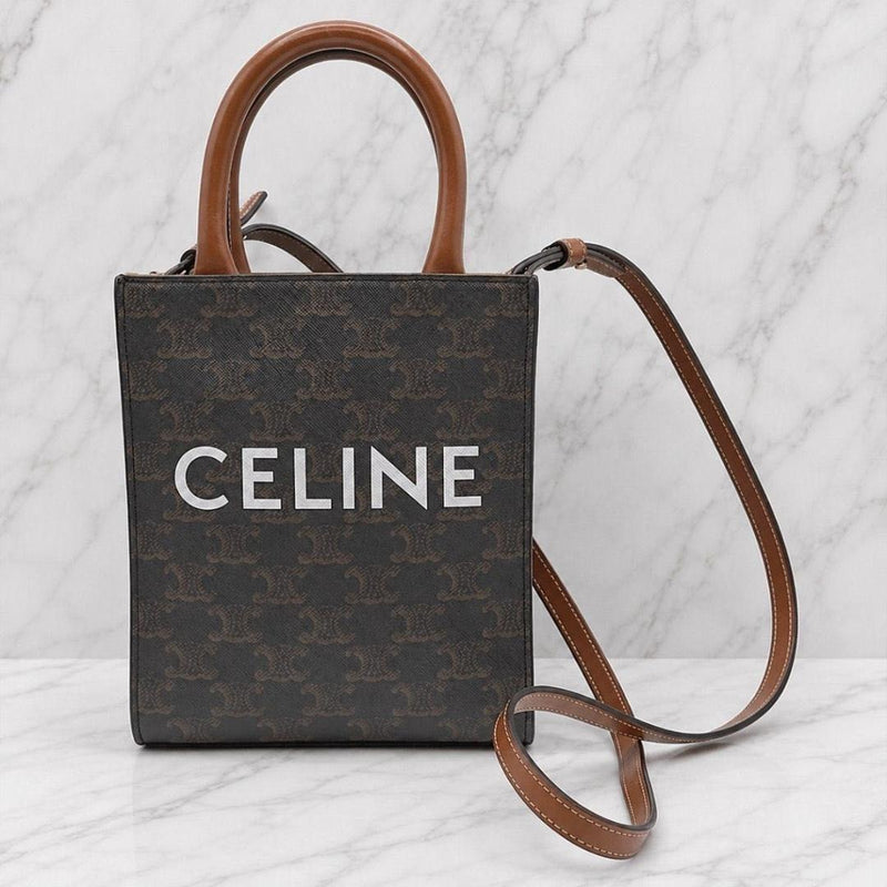 CELINE Vertical Cabas Mini Triomphe Canvas Leather Tote Bag B020 20x16.5x4cm
