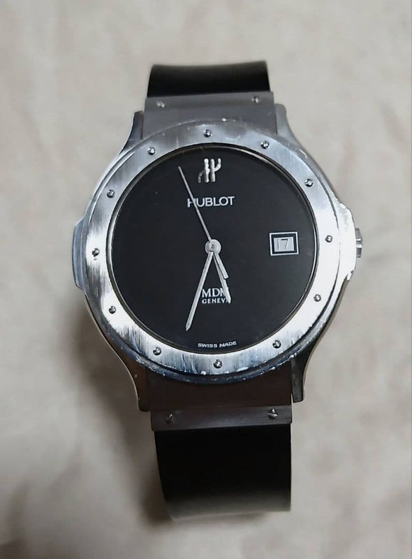 HUBLOT MDM Geneve Mens Quartz Watch Black Dial Rubber Band 3ATM Date