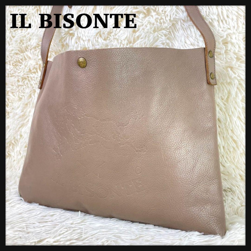IL BISONTE Greige Leather Shoulder Bag Sacoche Large Logo 10.2x13.8x1.2in