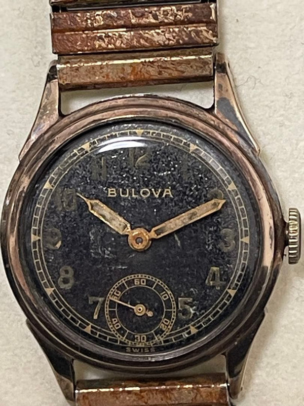 BULOVA Air Warden 10BS Hand-Wind Watch 1943 28mm 10K RGP Sterling SS Back Black