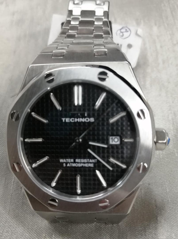 TECHNOS T9C07SB Mens Watch Quartz Black Grid Dial Date 5 ATM Water Resistant