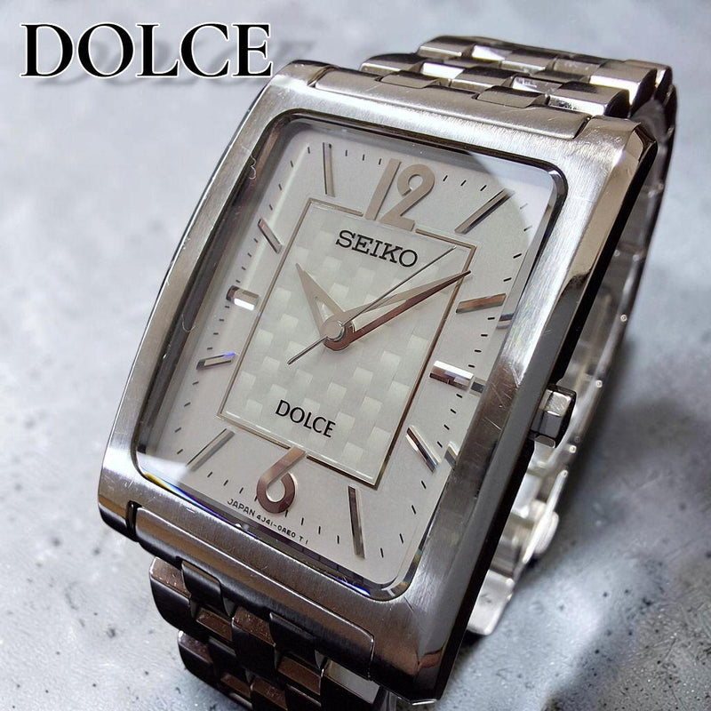 SEIKO DOLCE 4J41-0AC0 Mens Rectangular Silver Dial Working Watch 17.5cm Wrist