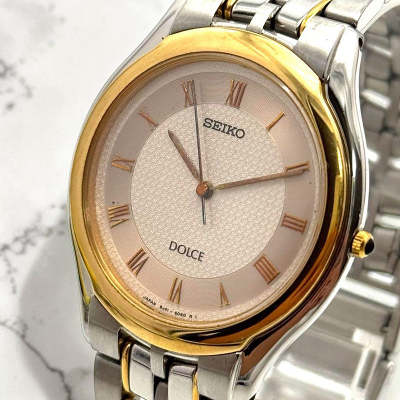 SEIKO DOLCE Mens 8J41-6030 Quartz Silver Gold Two-tone Watch Working New Battery