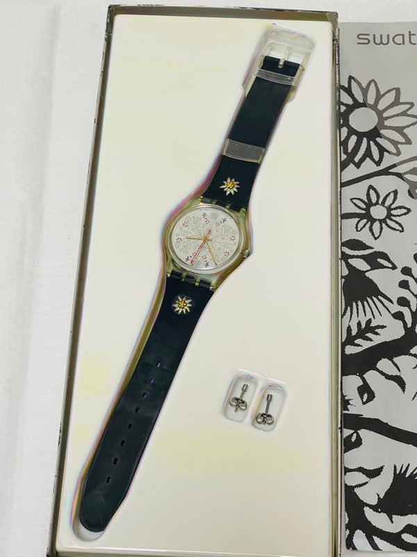 SWATCH GZ105 BERGSTRUESSLI 1987 Special Model Watch Black Strap Edelweiss Set