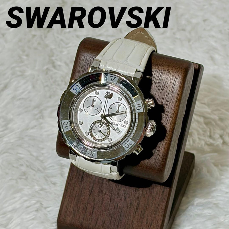 SWAROVSKI Octea 1181764 Quartz Black Dial Crystal Bezel White Leather Watch