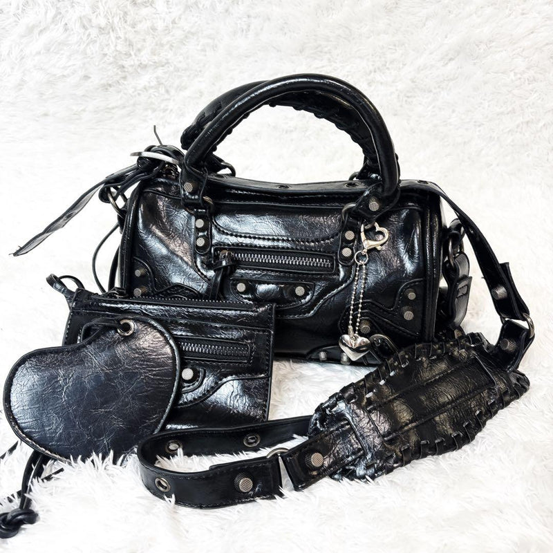 grunge City Shoulder Bag Faux Leather Black W24cm H12cm D7cm Studs Nylon Metal