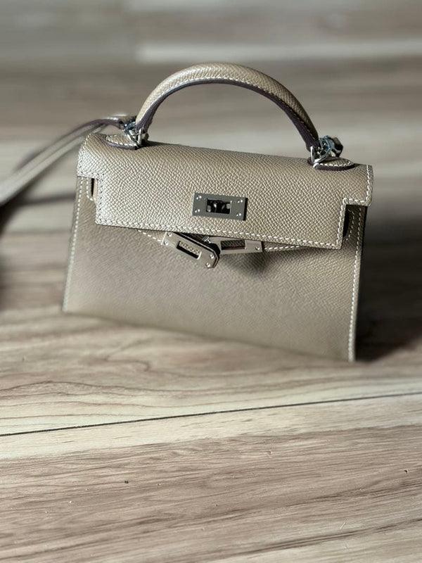 Greige Textured Leather 2-Way Handbag Shoulder Style Silver Hardware 20cm Width
