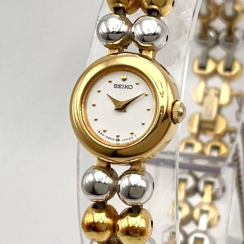 SEIKO 1E20-0290 Ladies Quartz Watch SS 15.4mm White Dial Two-tone Ball Chain