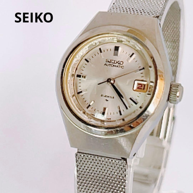 SEIKO 2205-0500 Automatic Ladies Watch Silver Dial Date 21J Mesh Band