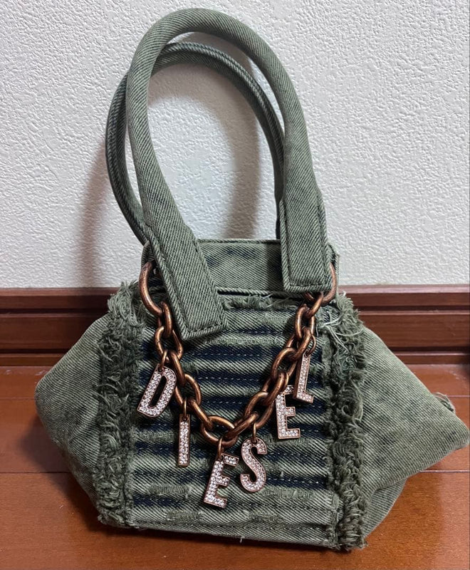 DIESEL Khaki Distressed Fringed Denim Mini Handbag with DIESEL Logo Charm