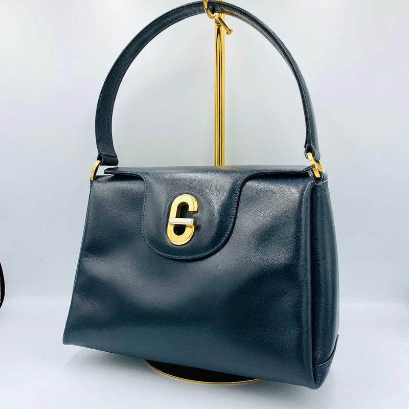 GUCCI Old Gucci Turn Lock Handbag Black Leather Gold Hardware 26cm W 15cm H