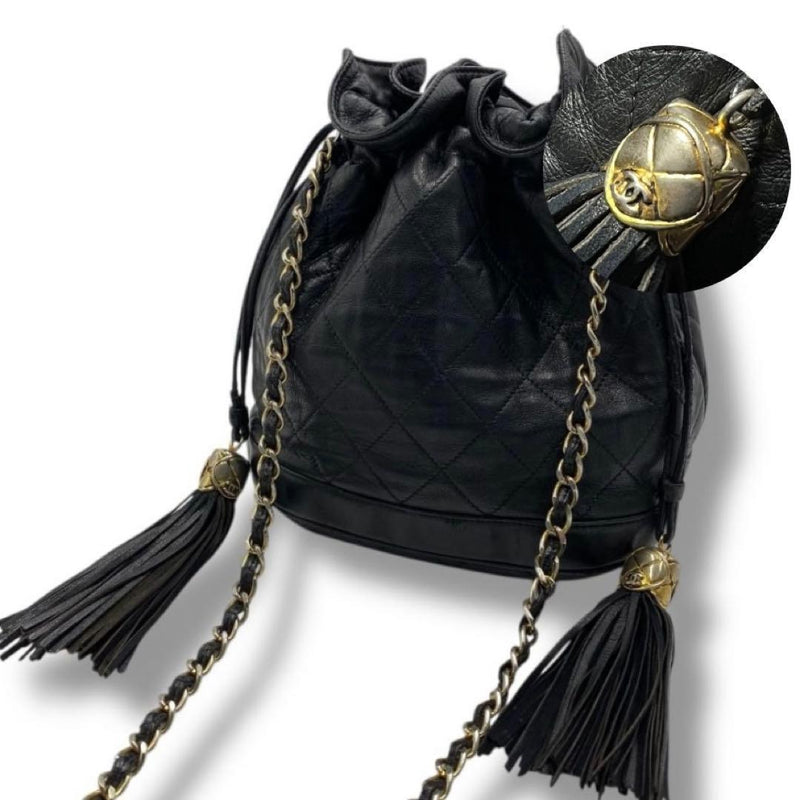 CHANEL Matelasse Quilted Drawstring Lambskin Shoulder Bag Black Gold H22 W19