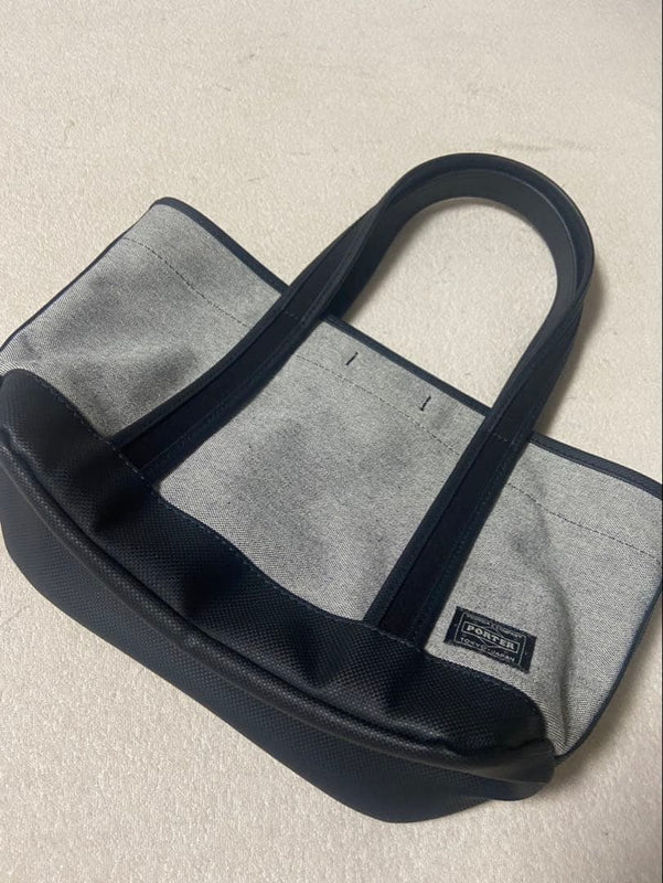 PORTER Yoshida B Jirushi Gray Canvas & Black Nylon Mixed Material Tote Bag