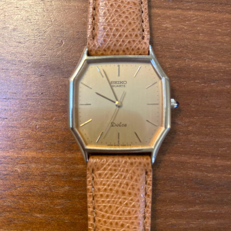 SEIKO Dolce Quartz Gold Dial Brown Leather Band Octagonal Case Wristwatch